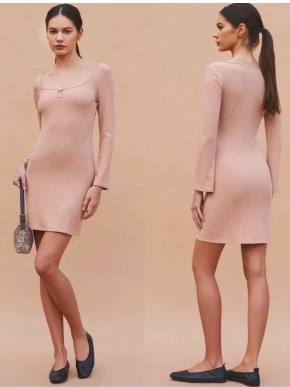 Reformation Elias Ribbed Long Sleeve Bodycon Mini Dress in Serenade Size Small